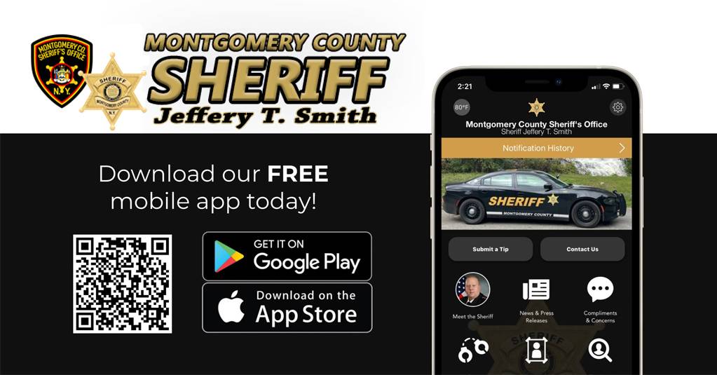 Montgomery County Sheriff Jeffery T. Smith Download our FREE app today! Google play and apple app store. Image contains a scannable QR code.